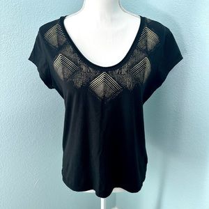 Michael Kors Black Gold Print Scoop Neck Short Sleeve Top Size Large